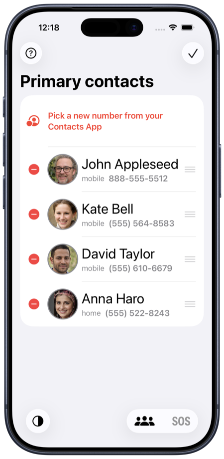 Edit mode page on iPhone for selecting and reoordering contact