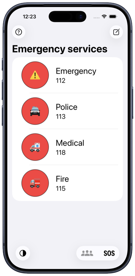 Emergency services list on iPhone
